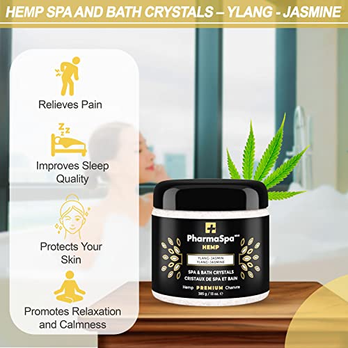 Sels de bain et cristaux de spa aux graines de chanvre et extraits entièrement naturels – 385 g/13 oz – Sel de bain Epsom pour l'aromathérapie et la relaxation dans les bains à remous – Sans gluten, sans parabènes, non testé sur les animaux