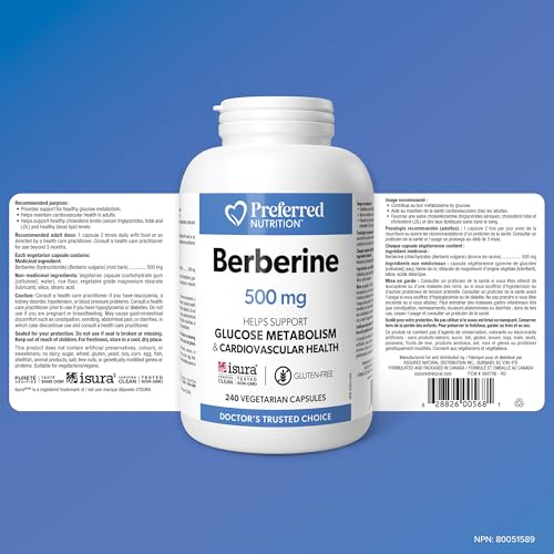 Preferred Nutrition Berberine MAXIMUM POTENCY 1000 mg per Serving (2 caps, 500 mg each), Vegetarian Capsules, Canadian Company