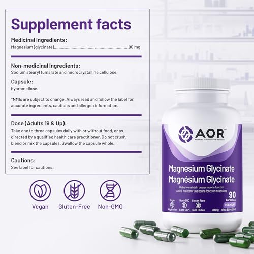 AOR Magnésium Glycinate, 90 mg, Favorise une fonction musculaire et un métabolisme optimaux, Soutien cardiovasculaire, Confort musculaire et cycles menstruels équilibrés, Végétalien et sans OGM