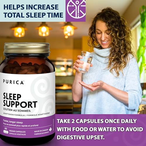 PURICA Sleep Support Supplement, Helps Promotes Restful Nights & Travel Ease, Includes Red Reishi Mushrooms, Organic Ashwagandha & Melatonin, Gluten-Free & Non-GMO Formula