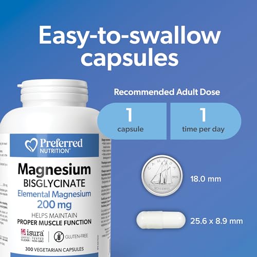 Preferred Nutrition Magnesium Bisglycinate 200 mg, Veg Caps, Elemental Magnesium, Maintains Proper Muscle Function, Proudly Canadian