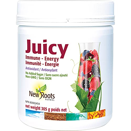 New Roots Herbal - Juicy Immunité + Énergie, poudre 305 g, 30 portions - 8 baies biologiques + 20 nutraceutiques - Antioxydants pour le maintien d'une bonne santé - Sans OGM, sans gluten et sans sucre ajouté