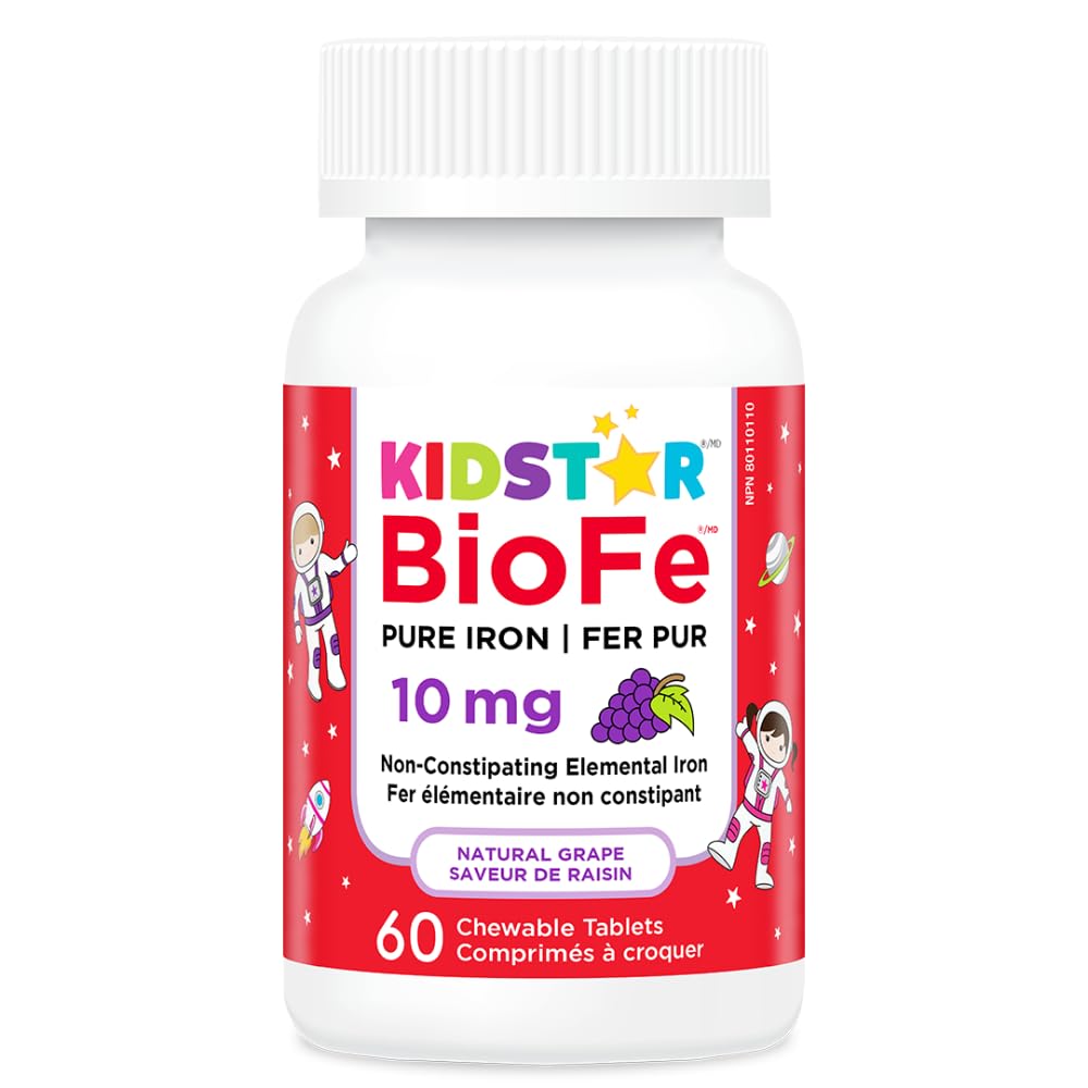 Kidstar Nutrients - BioFe Pure Iron 10mg, 60 Chewable Tablets 60-Day Supply - Natural Grape Flavour - Helps to Prevent Iron Deficiency Anemia - Non-Constipation - Vegan, Non-GMO, Gluten and Sugar-Free
