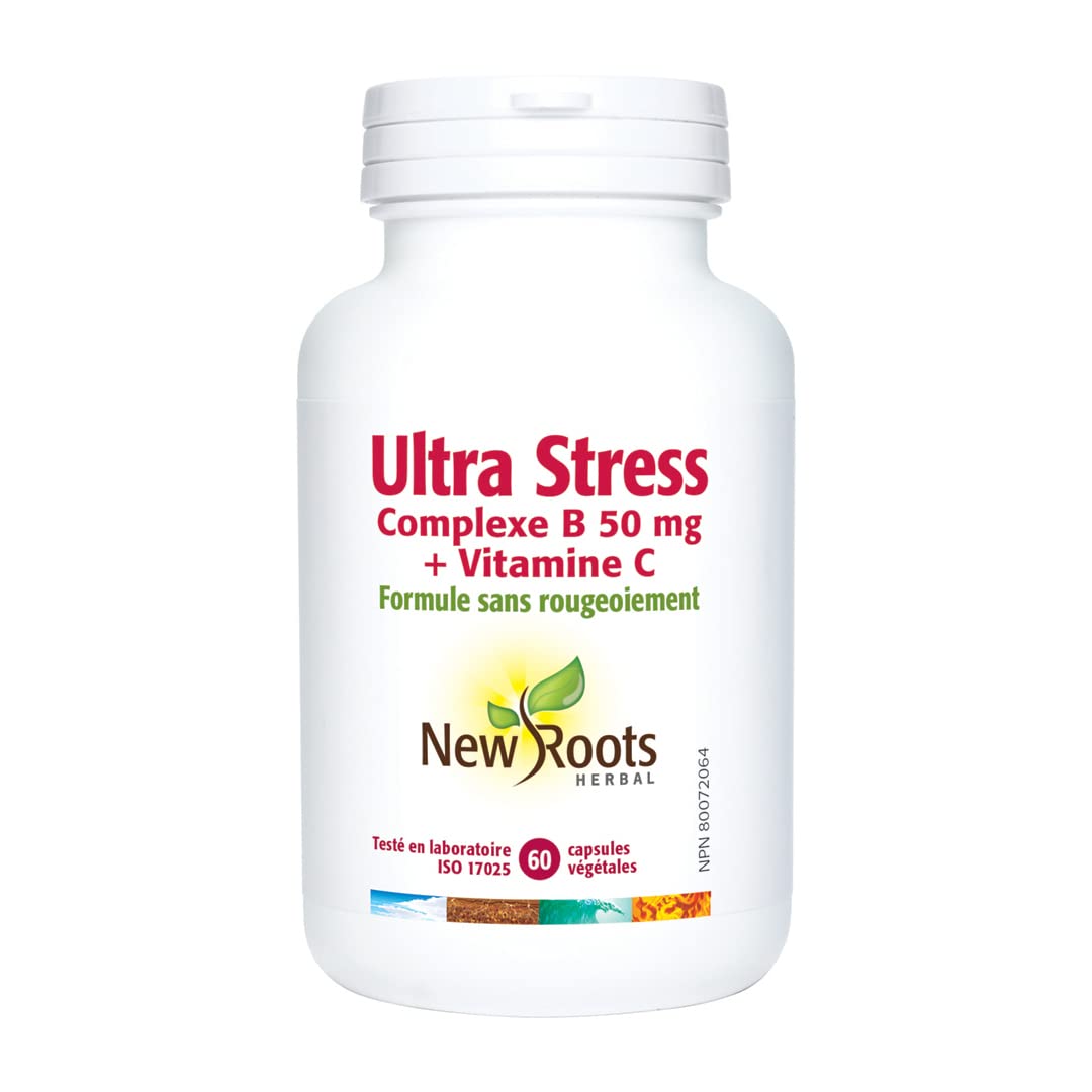 New Roots Ultra Stress Complexe B 50 mg + Vitamine C, Soutient le métabolisme des nutriments et la formation des tissus, Formule sans rougeurs, 60 gélules végétales pour 60 jours