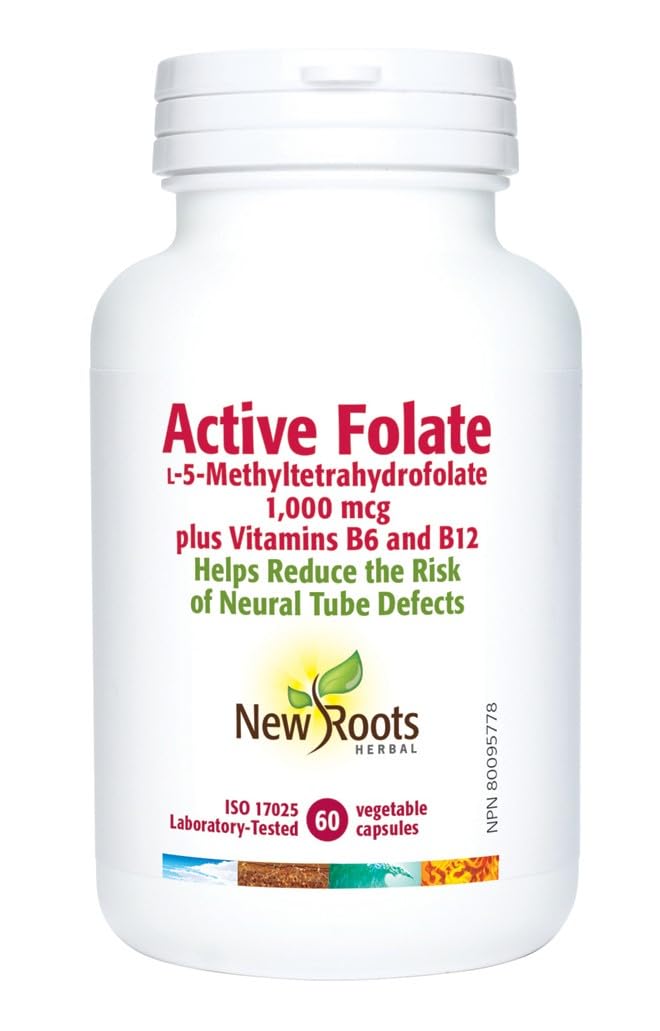 New Roots Herbal Folate Actif, 1000mcg L-5-MTHF avec Vitamines B6 & B12, Soutien Prénatal pour la Santé du Tube Neural & la Formation des Globules Rouges, 60 Gélules Végétales, Approvisionnement de 60 Jours