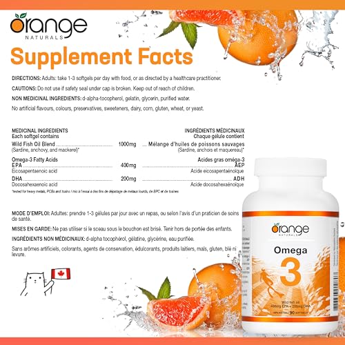 Orange Naturals Huile de poisson Oméga-3 - 90 gélules pour une meilleure santé cérébrale et cardiaque, acides gras essentiels triple concentration, sans OGM, haute teneur en EPA et DHA, soutient la fonction cognitive et le bien-être cardiaque