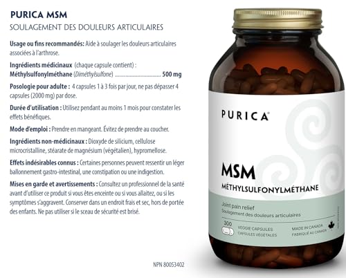 PURICA - MSM Gélules végétales - Soutien articulaire amélioré avec le méthylsulfonylméthane