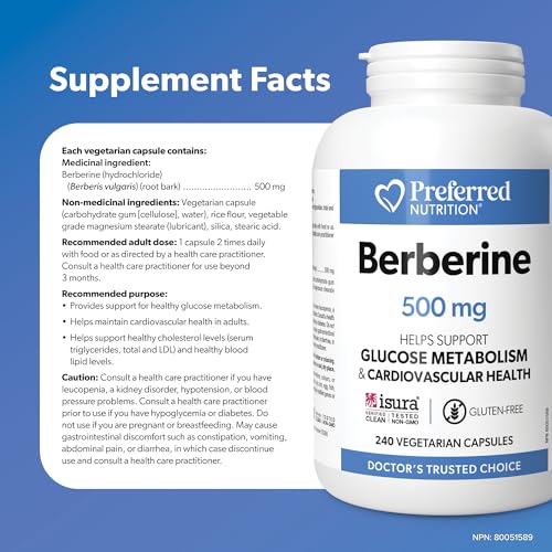 Preferred Nutrition Berberine MAXIMUM POTENCY 1000 mg per Serving (2 caps, 500 mg each), Vegetarian Capsules, Canadian Company