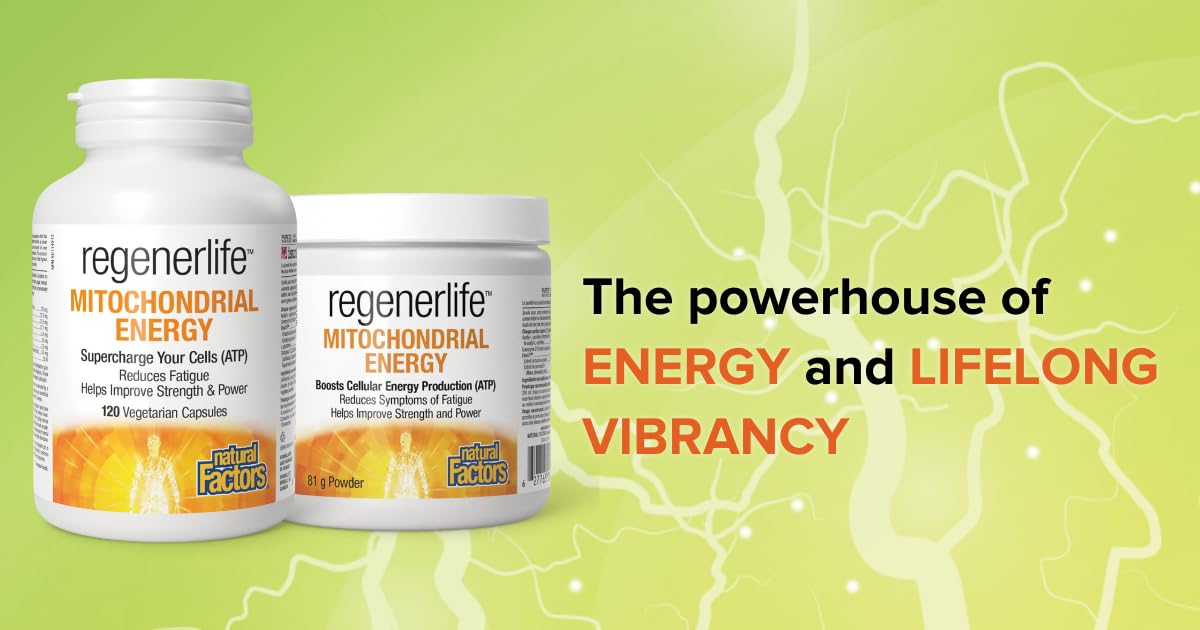 Natural Factors Regenerlife Mitochondrial Energy, 120 vegetarian capsules, Helps Increase Energy Production (ATP) at the Cellular Level, Reduces Fatigue, Contributes to Brain, Muscle & Hearth Health, Includes: Acetyl-L-Carnitine, Coenzyme Q10, L-Glutathio