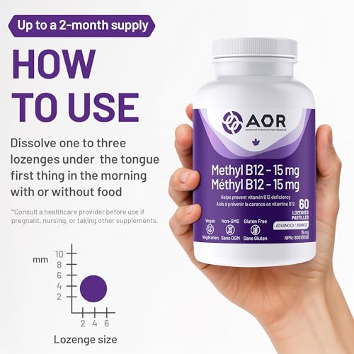 AOR - Méthyl B12, 60 pastilles - Vitamine B12 Méthylcobalamine - Complément favorisant la santé nerveuse - Supplément végétalien de B12 - Aide à prévenir la carence en vitamine B12 - Capsules de B12 méthylée