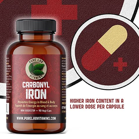 Pure Lab Vitamins | Carbonyl Iron Supplement with Vitamin C | 90 Capsules | Blood Builder Iron Supplement & Vitamin C Supplement | L-Ascorbic Acid and Non Constipating Iron Supplement for Men and Women