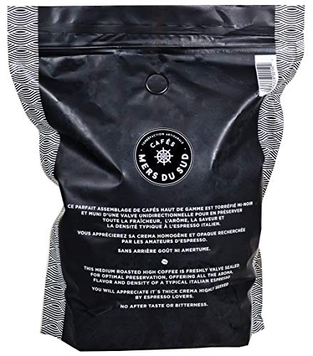 Cafés Mers du Sud - Grains de café entiers pour expresso 1,36 kg (3 livres) - Torréfaction moyenne - Expresso Double Crema Italien - Grains de café torréfaction moyenne - Sachet refermable