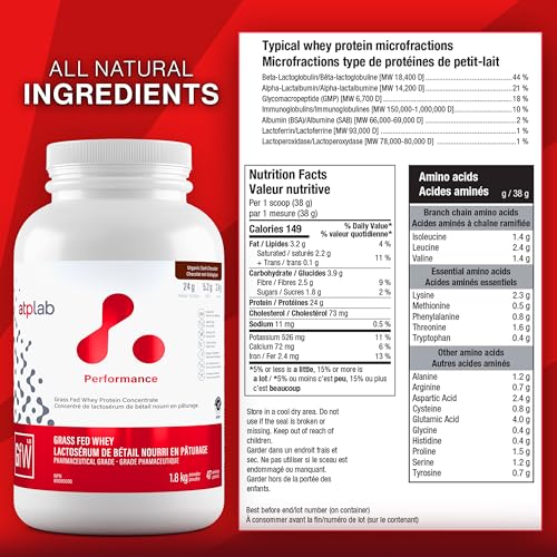 ATP LAB - Protéine de lactosérum de vaches nourries à l'herbe en poudre 1,8 kg (saveur chocolat) - Concentré de protéines de lactosérum - Récupération immunitaire, croissance musculaire