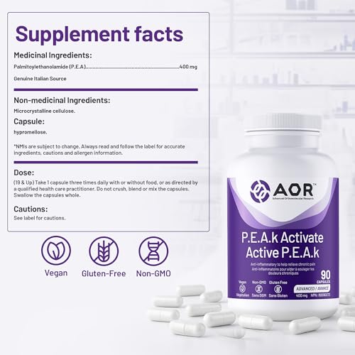 AOR P.E.A.K Activate 400 mg – Supplément de palmitoyléthanolamide (PEA) pour le confort et le bien-être – Sans OGM et végétalien – Supplément de PEA pour un bien-être équilibré et un soutien quotidien