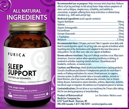 PURICA Sommeil Paisible, Aide à Favoriser des Nuits Reposantes et un Voyage Facile, Contient des Champignons Reishi Rouges, de l'Ashwagandha Biologique et de la Mélatonine, Formule Sans Gluten et Sans OGM