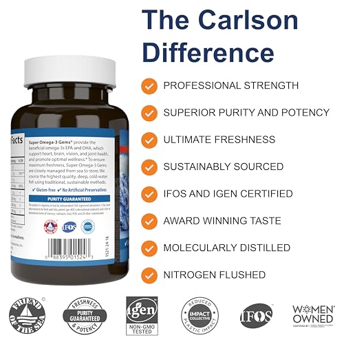 Carlson - Perles Super Oméga-3, 1200 mg d'acides gras Oméga-3 avec EPA et DHA, Complément d'huile de poisson norvégien sauvage, Capsules d'huile de poisson issues de sources durables, Compléments Oméga 3