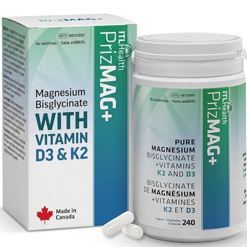PrizMAG Magnesium Bisglycinate - Chelated Form for High Absorption, with Added Vitamin D3 & K2, Capsules for Bone & Muscle Support - No Fillers or GMOs | Made in Canada