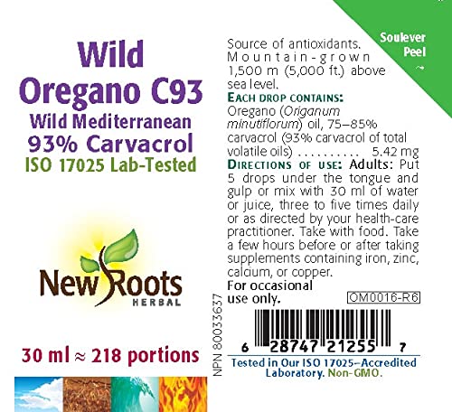 New Roots Herbal - Wild Oregano C93, 15ml Liquid Drops 109-Servings - Wild Mediterranean 93% Carvacrol - Organic Olive Oil Blend - Steam-Distilled, Wild-Crafted Oregano Oil from Origanum Minutiflorum