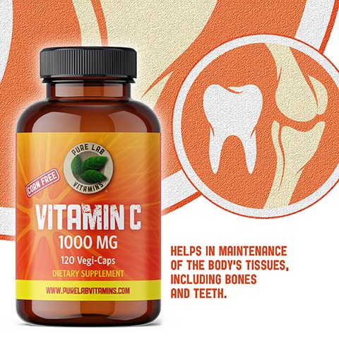 Pure Lab Vitamins | Vitamin C 1000mg | 120 Vegi Capsules | Ascorbic Acid Vitamin C Supplement | Immune System Support & Antioxidant Supplement | Vitamin C Capsules 1000mg | Natural Vitamin C Supplement