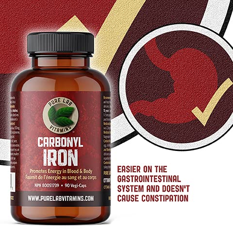 Pure Lab Vitamins | Carbonyl Iron Supplement with Vitamin C | 90 Capsules | Blood Builder Iron Supplement & Vitamin C Supplement | L-Ascorbic Acid and Non Constipating Iron Supplement for Men and Women