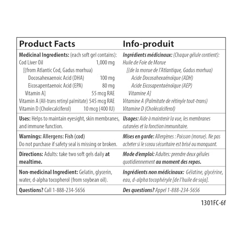 Carlson - Huile de foie de morue, Super 1000 mg, 250 mg Oméga-3 + Vitamines A et D3, Huile de foie de morue arctique norvégienne sauvage, approvisionnement durable
