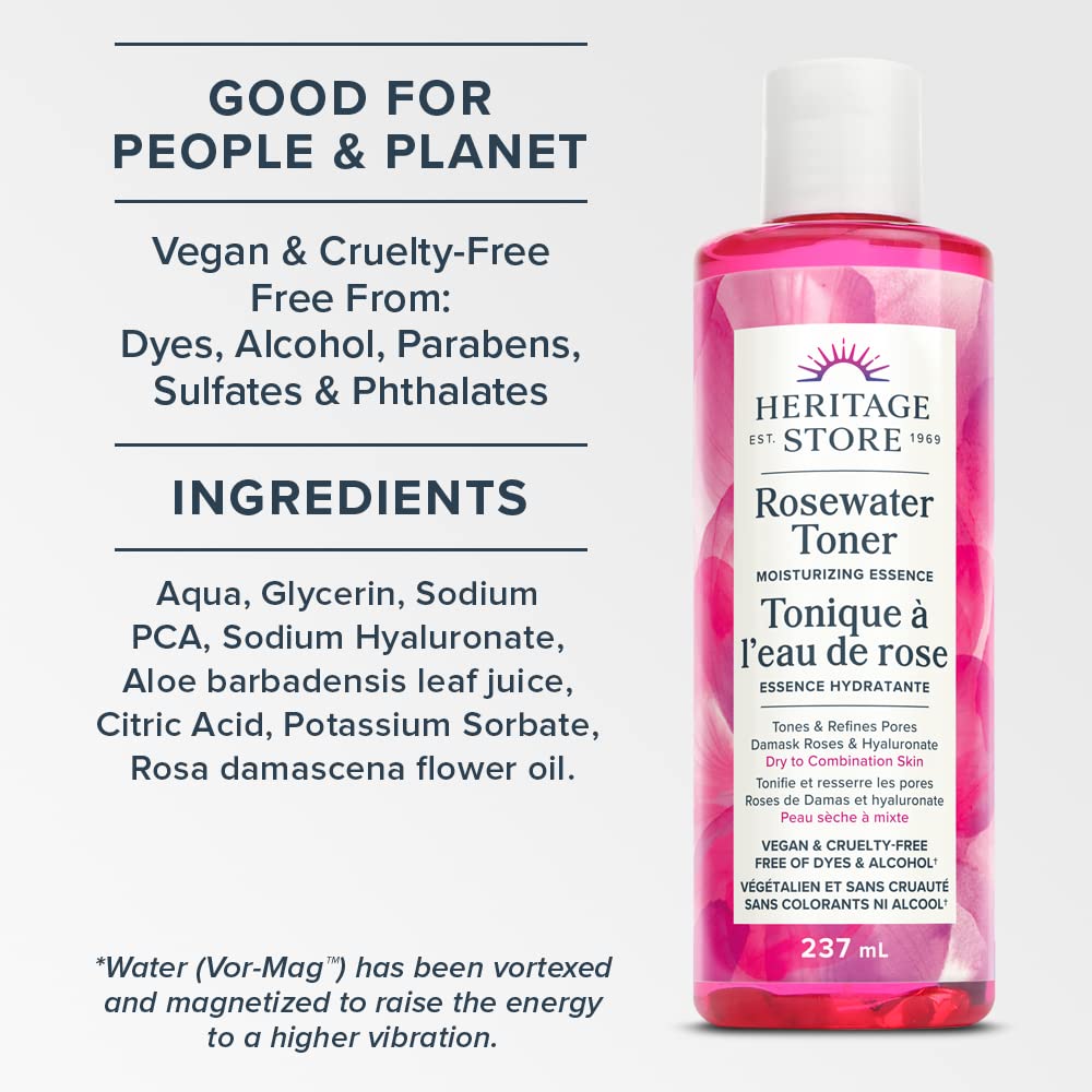 Heritage Store Rosewater Toner Essence Hydratante | Tonifie et affine les pores | Vegan et sans cruauté animale | Sans colorants ni alcool | 237ml, Transparent (Lot de 1)