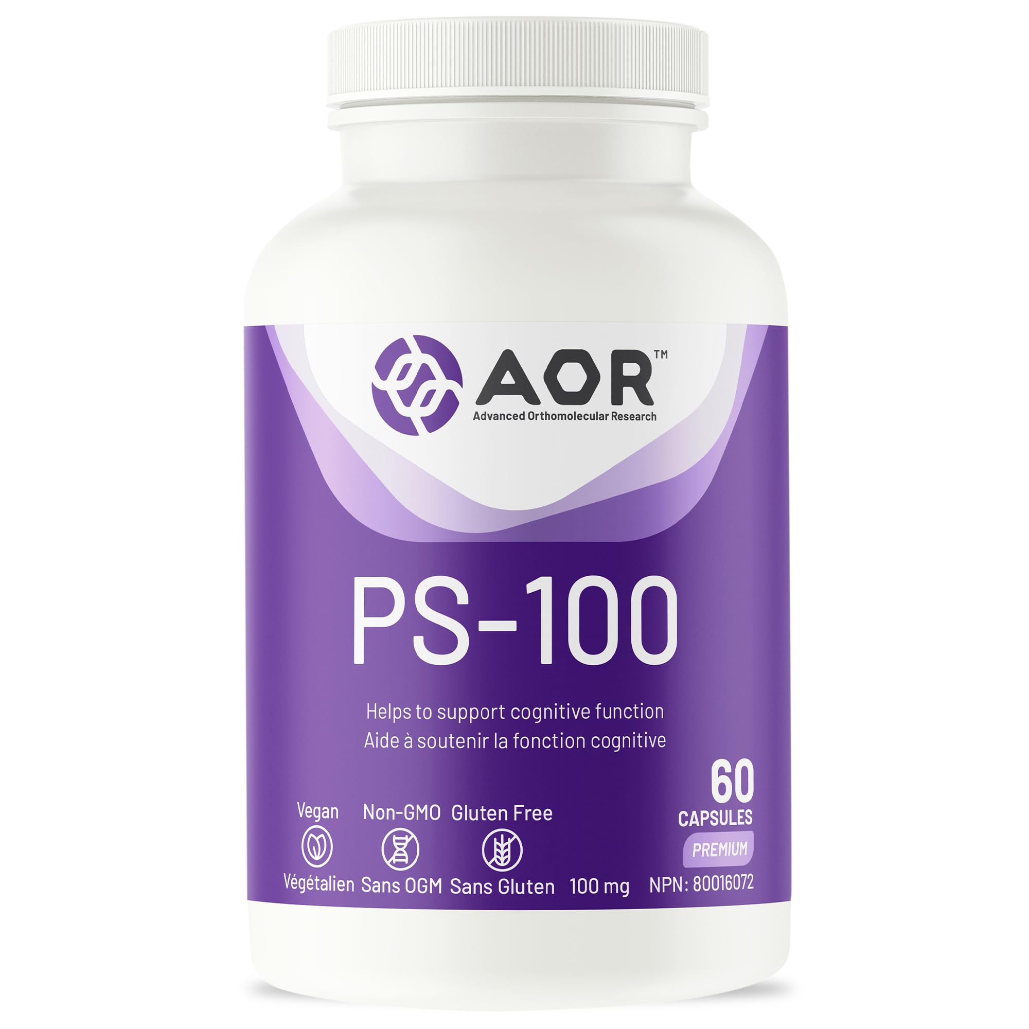 AOR PS-100, 100 mg 60 gélules - Favorise la clarté mentale et la concentration, sans gluten, sans OGM et végétalien, phosphatidylsérine issue de la lécithine de tournesol, favorise un sommeil réparateur et la fonction cognitive