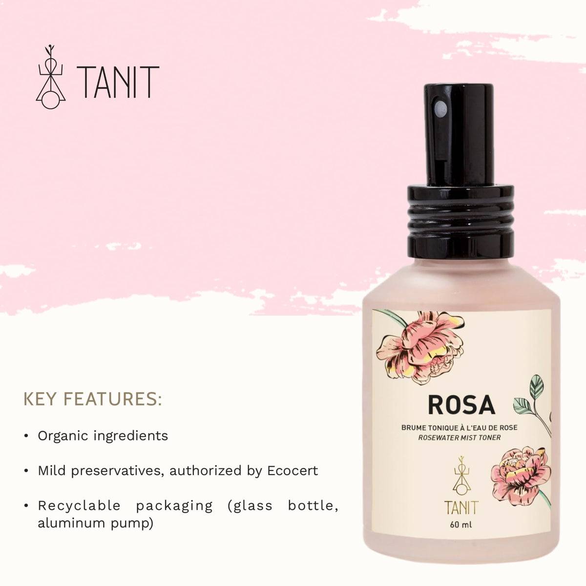 TANIT Rose Water Hydrating Mist Toner Spray 60ml, Refreshing Facial Mist with Rose Extract for Daily Hydration & Skin Balance, Gentle Toner to Rejuvenate All Skin Types, Vegan & Cruelty-Free Skincare