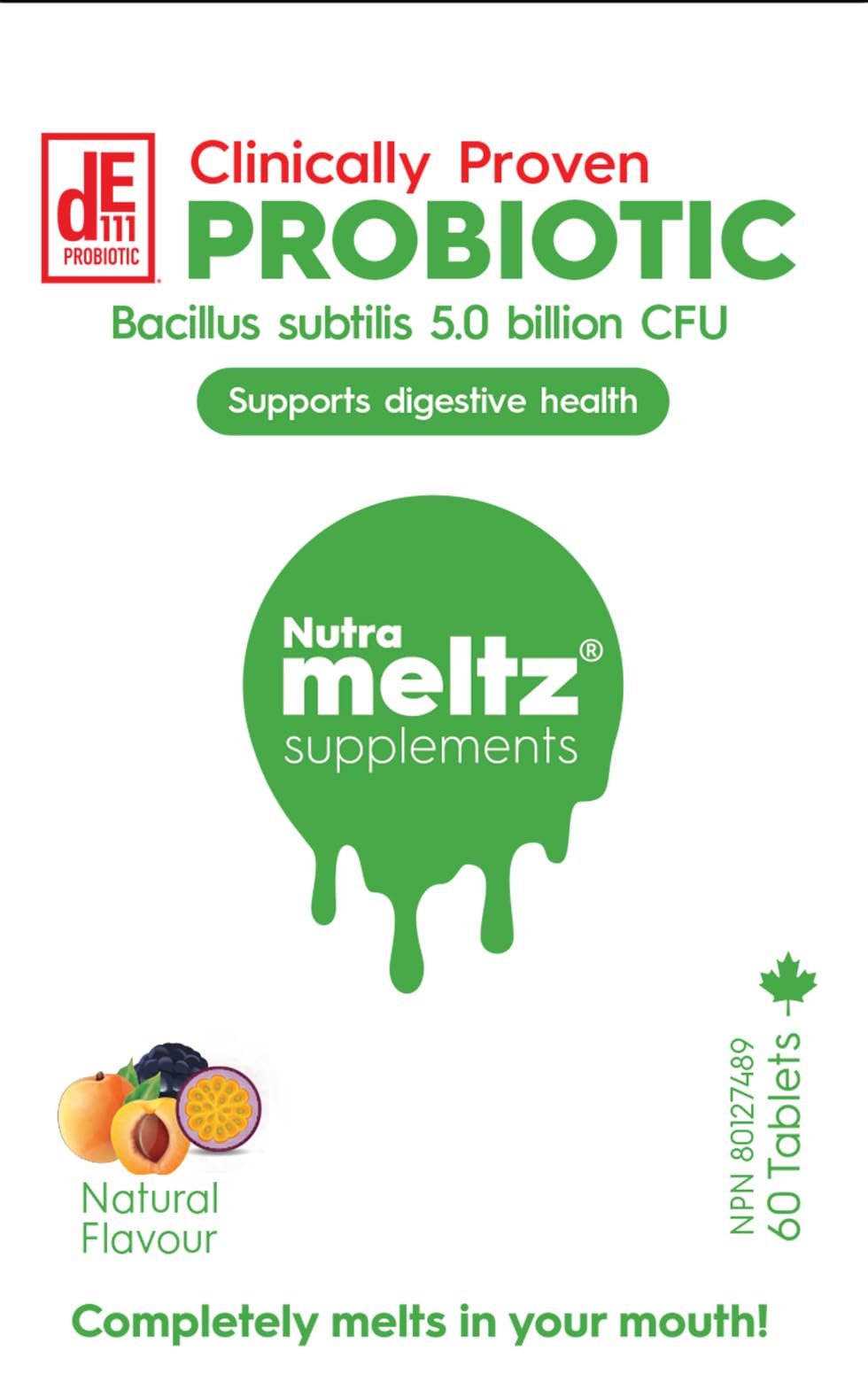 Nutrameltz Probiotic Digestive Enzymes, 60 Quick Dissolving Tablets 60-Day Supply, Natural Flavour, 5 Billion CFU Bacillus Subtilis, Supports Healthy Digestion, Relieves Heartburn, Nutrient Absorption
