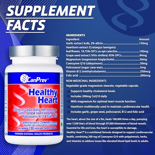 CanPrev Coeur Sain, 120 Gélules Végétaliennes, Approvisionnement de 30 jours - Enrichi en Coenzyme Q10, Bisglycinate de Magnésium et Vitamine B12 - Conçu pour la Santé Cardiaque, un Cholestérol Équilibré et une Meilleure Qualité de Sommeil