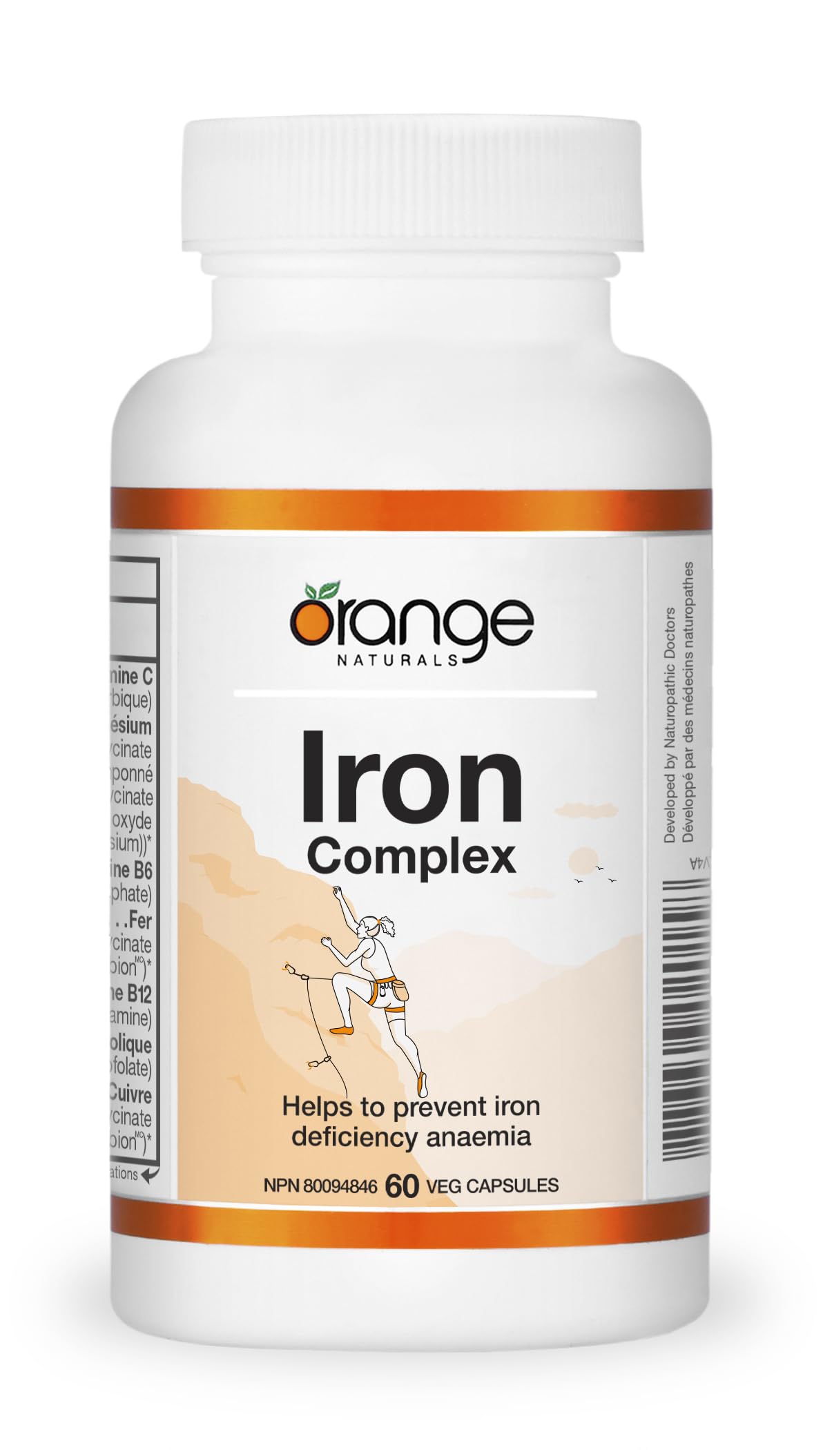 Orange Naturals Complexe de Fer, 60 capsules végétales, pour 60 jours - Végan, sans OGM, sans soja et sans gluten - Bisglycinate de fer doux avec vitamine C, B6, B12 et acide folique, complément de fer facile à digérer