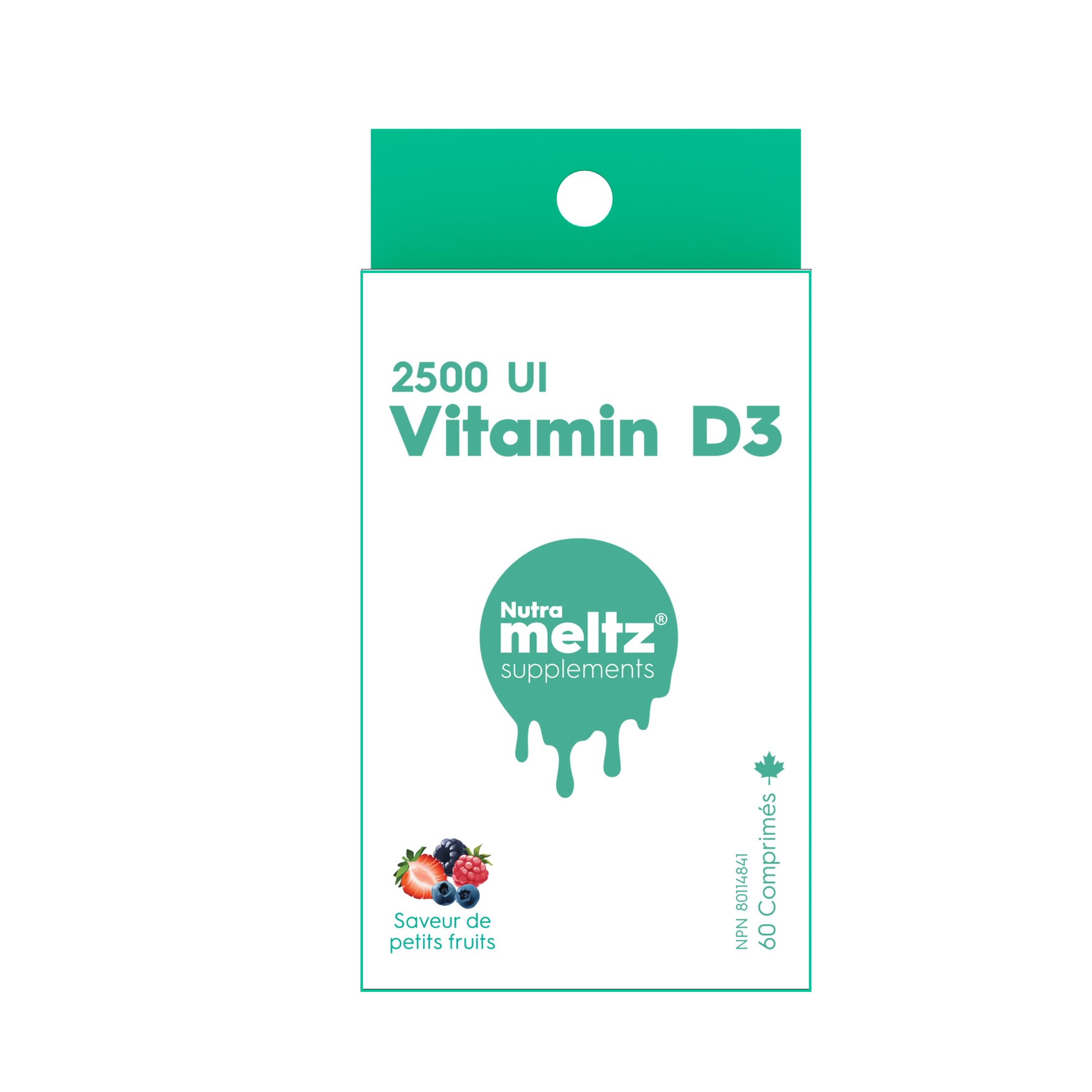 Nutrameltz Vitamin D3 2500 IU, 60 Quick-Dissolve Tablets with Mixed Berry Flavor 60-Day Supply - Melt-in-Mouth Supplement for Adults - Travel-Friendly - Sugar, Soy, Dairy & Gluten-Free - Canadian Made