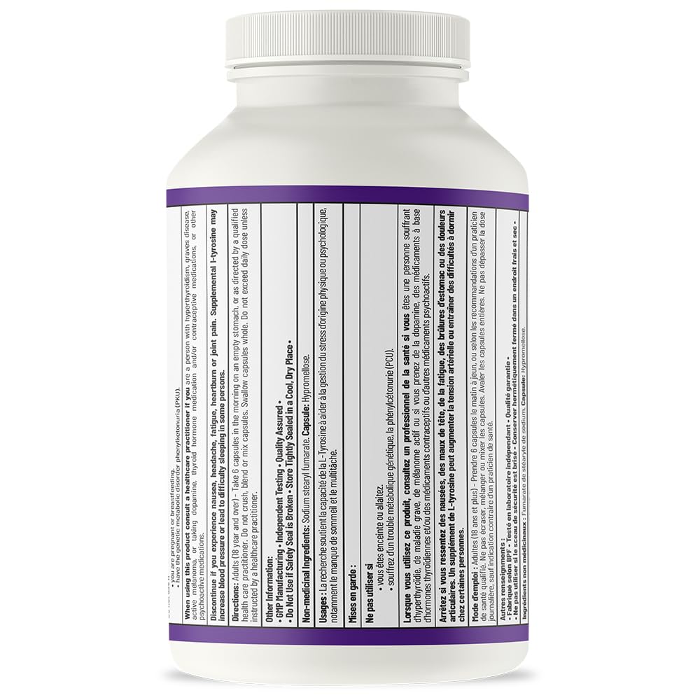 AOR L-Tyrosine 600mg 180 Capsules 30-Day Supply - Vegan, Non-GMO, Gluten-Free - L-Tyrosine Supplement to Support Brain Function, Promote Focus, Mental Clarity, Cognitive Performance and Restful Sleep