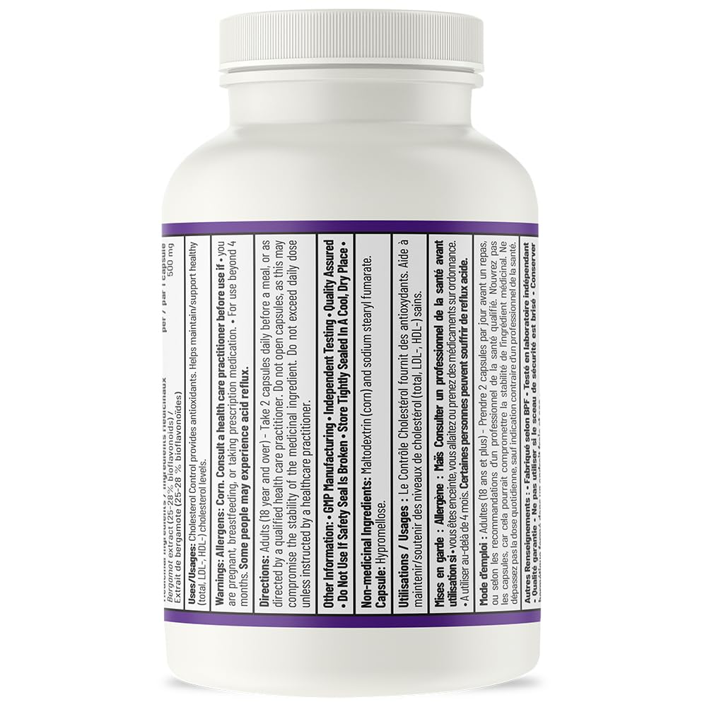 AOR Contrôle du cholestérol 500mg, 60 gélules, approvisionnement de 30 jours - Supplément de bergamote d'agrumes pour des niveaux de cholestérol équilibrés, soutient un métabolisme lipidique sain - Formule sans OGM et végétalienne pour la santé cardiaque