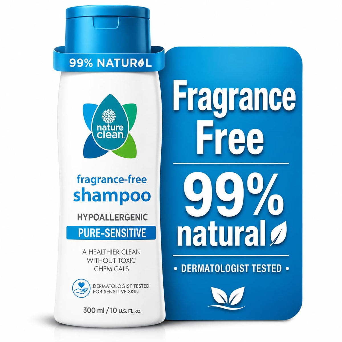 Nature Clean Pure Sensitive Shampoo, Hypoallergenic, Fragrance Free, Sensitive, Dermatologist Tested, 300 ml,10 Oz