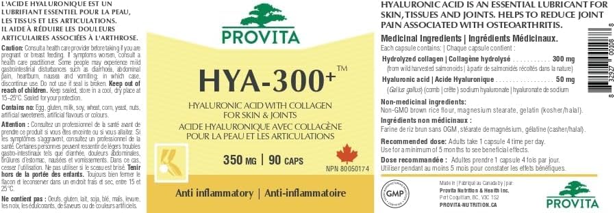 Acide Hyaluronique - HYA-300+ par Provita Nutrition (Fabriqué au Canada) 90 gélules