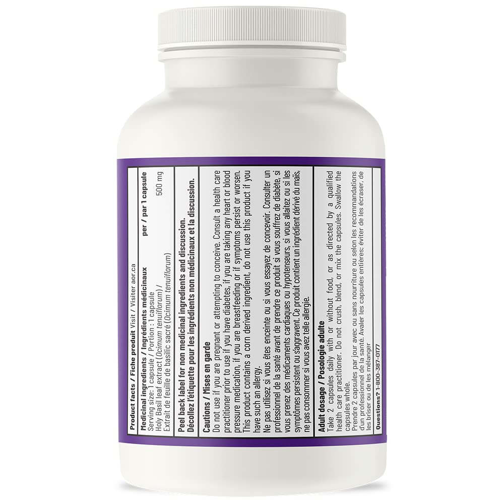 AOR Holy Basil Extract 500mg Supplement, Vegan Capsules, Tulsi, 60 Capsules