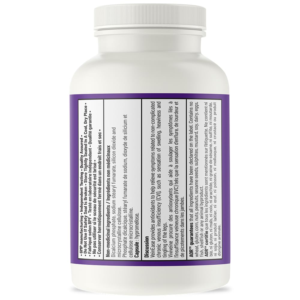 AOR VeinEase 575mg, 60 Vegan Caps 30-Day Supply - Diosmin Hesperidin Supplement, Vitis Vinifera & Grape Seed Extract for Comfortable Legs, Promotes Healthy Vein Function - Vegan, Non-GMO & Gluten-Free