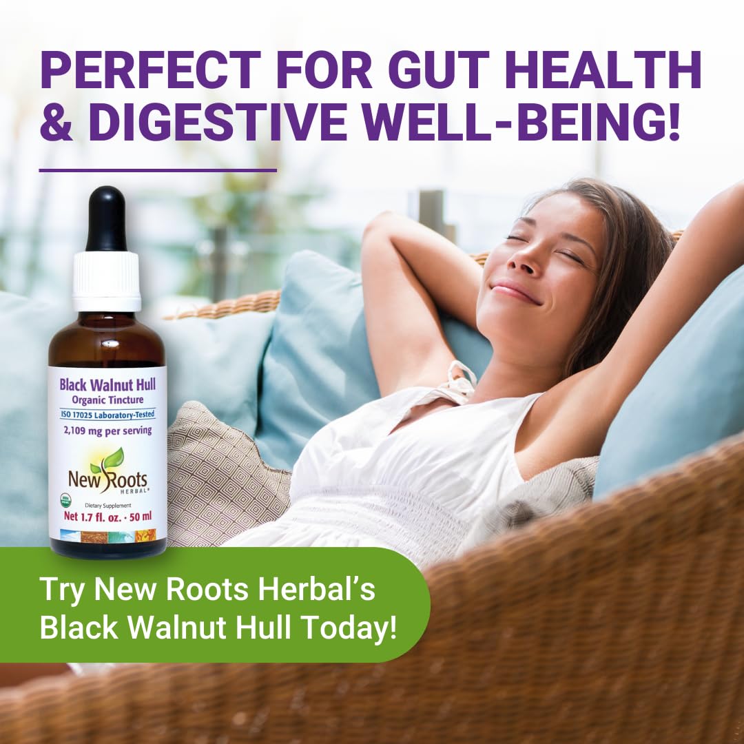 New Roots Herbal Organic Black Walnut Hull Tincture 50ml, 10 Servings, Liquid Extract from Walnut Hulls, Support Internal Balance & Wellness, Promote Gentle Cleansing, Non-GMO, No Artificial Additives