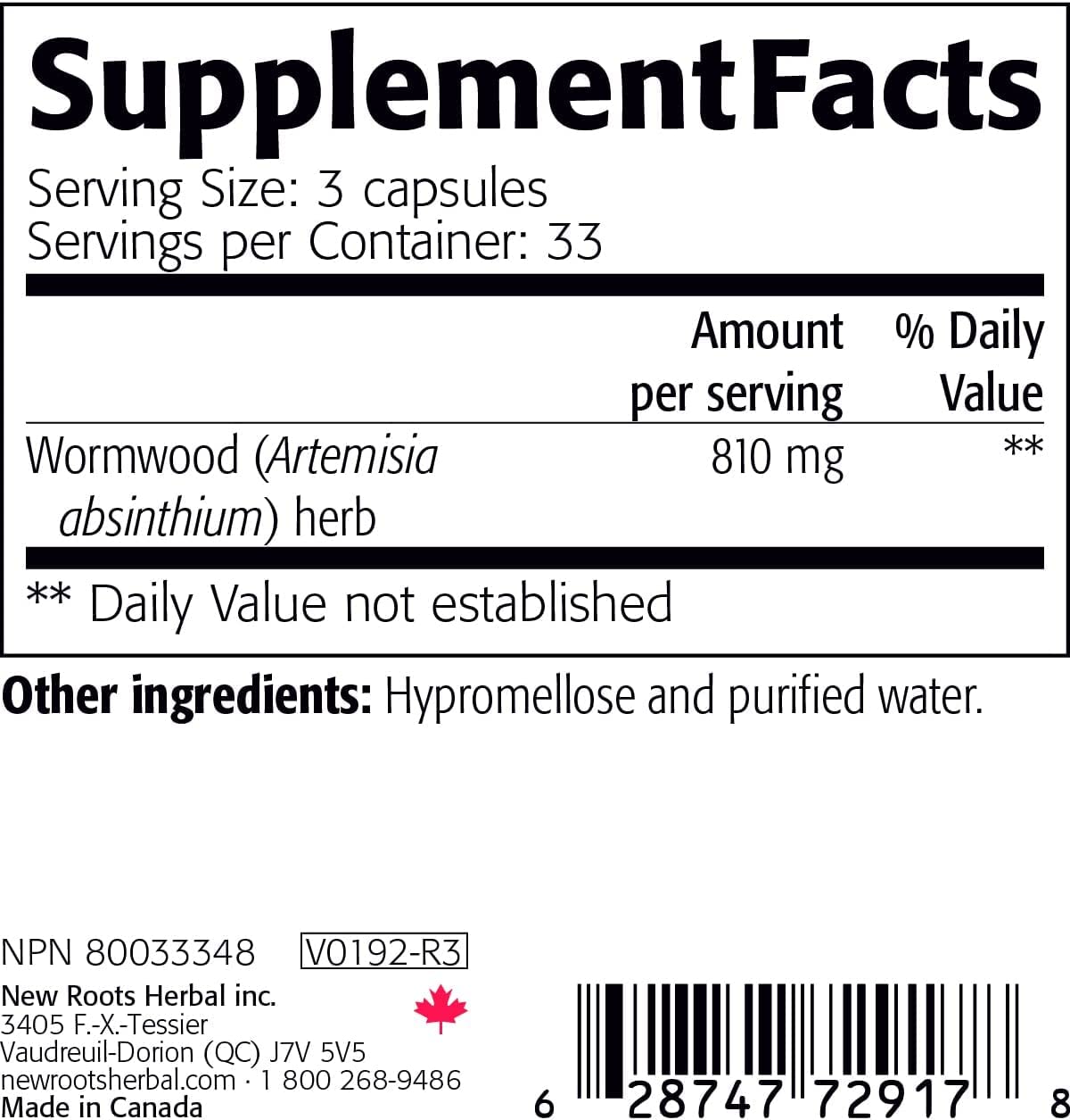 New Roots Herbal Wormwood Capsules for Adults, Digestive Bitters, 100 Pack
