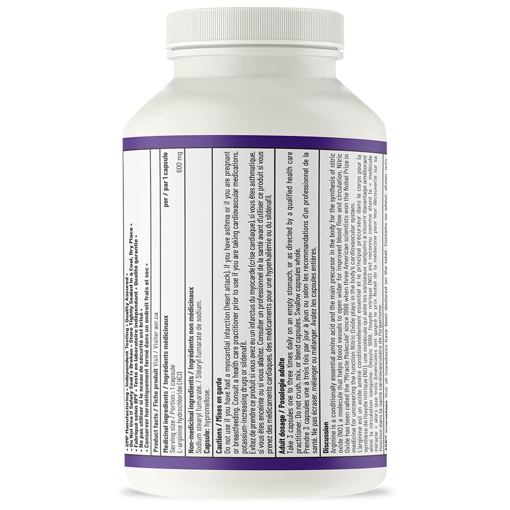 AOR Arginine 600mg, Vegan 180 Caps 60-Day Supply - L-Arginine Supplement for Circulation & Vitality - Support Nitric Oxide Production - Essential Amino Acids for Skin Elasticity and Muscle Performance