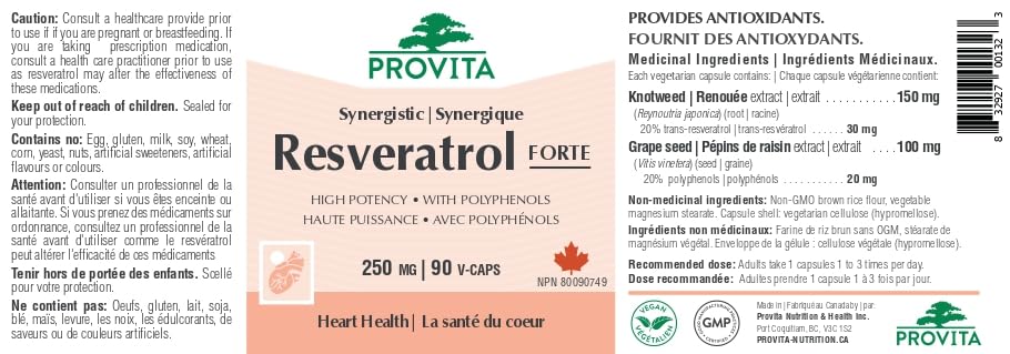 Resvératrol Synergique Forte par Provita Nutrition (Fabriqué au Canada) 90 Gélules Végétariennes