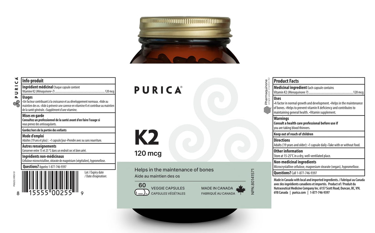Purica Vitamin K2 120 mcg, 60 Vegan Capsules, MK-7 Pharmaquinone