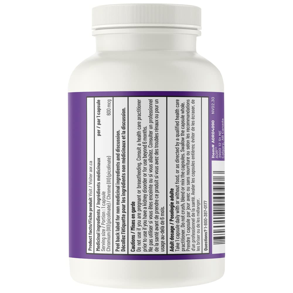 AOR Picolinate de Chrome 600mcg 90 gélules - 90 jours d'approvisionnement - Favorise un métabolisme équilibré du glucose et la production d'énergie - Supplément de chrome, oligo-élément pour un soutien nutritionnel et un métabolisme sain