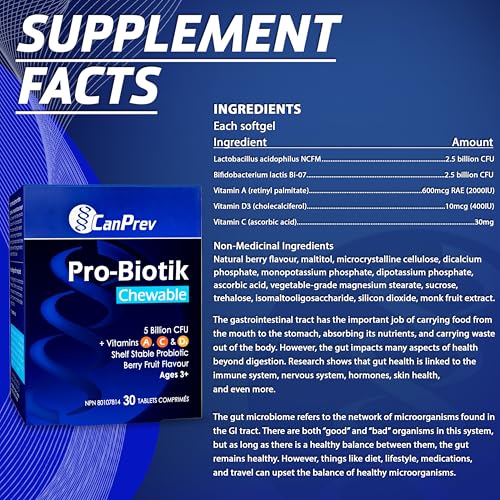 Canprev Pro-Biotik, 30 comprimés à croquer, approvisionnement de 30 jours, saveur de baies - Supplément probiotique pour enfants avec 5 milliards d'UFC et vitamines A, C et D3 - Idéal pour les enfants de 3 ans et plus, favorise des os et des dents solides