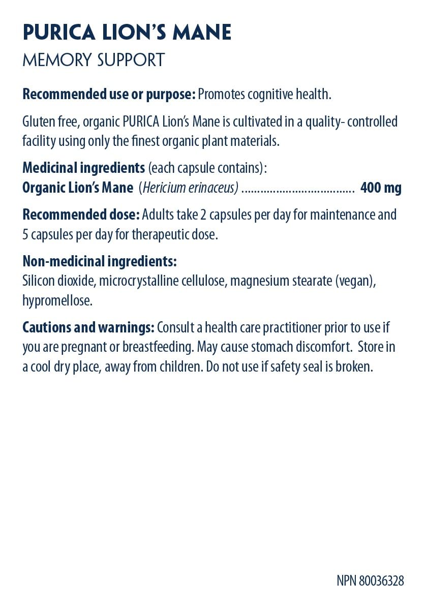 PURICA Crinière de Lion Biologique - Complément pour la Santé Cérébrale, Mémoire et Concentration, Gélules 100% Naturelles, Véganes