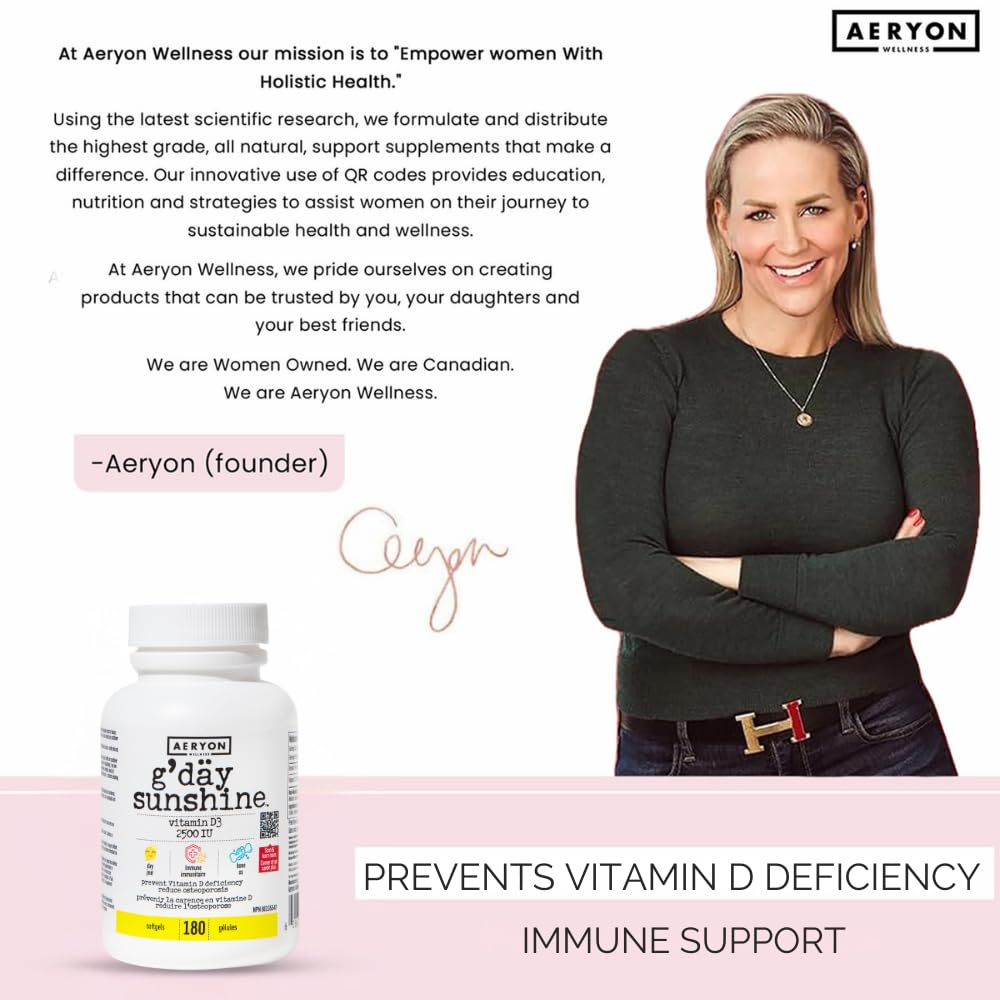 G'day Sunshine Vitamin D3 2500 IU Softgels by Aeryon Wellness | Made in Canada | Helps prevent Vitamin D Deficiency | Reduces Osteoporosis | 180 Softgels