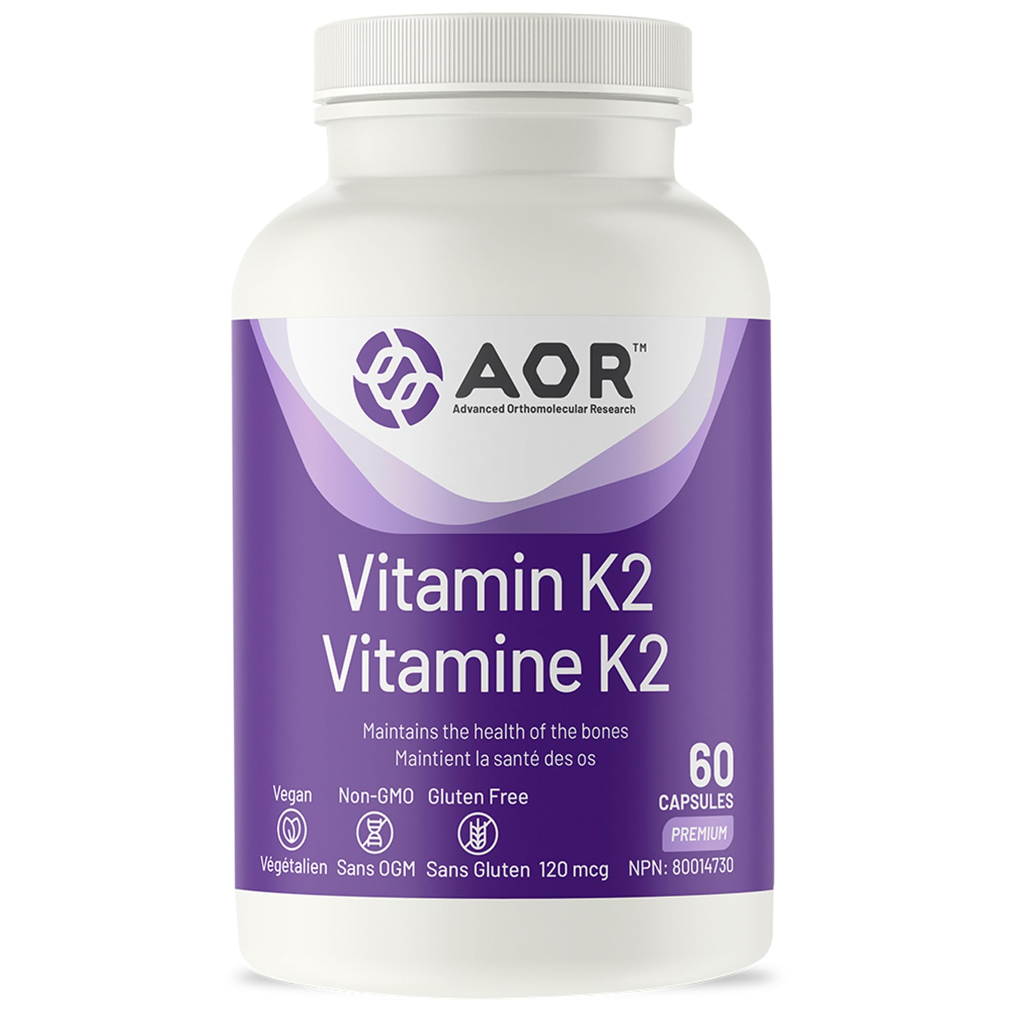 AOR Vitamin K2 Supplement 120mcg, Vegan 60 Caps 60-Day Supply - Supports Bone, Liver & Heart Wellness, Promotes Efficient Calcium Use, Helps Maintain Healthy Blood Clotting, Balanced MK-4 & MK-7 Ratio