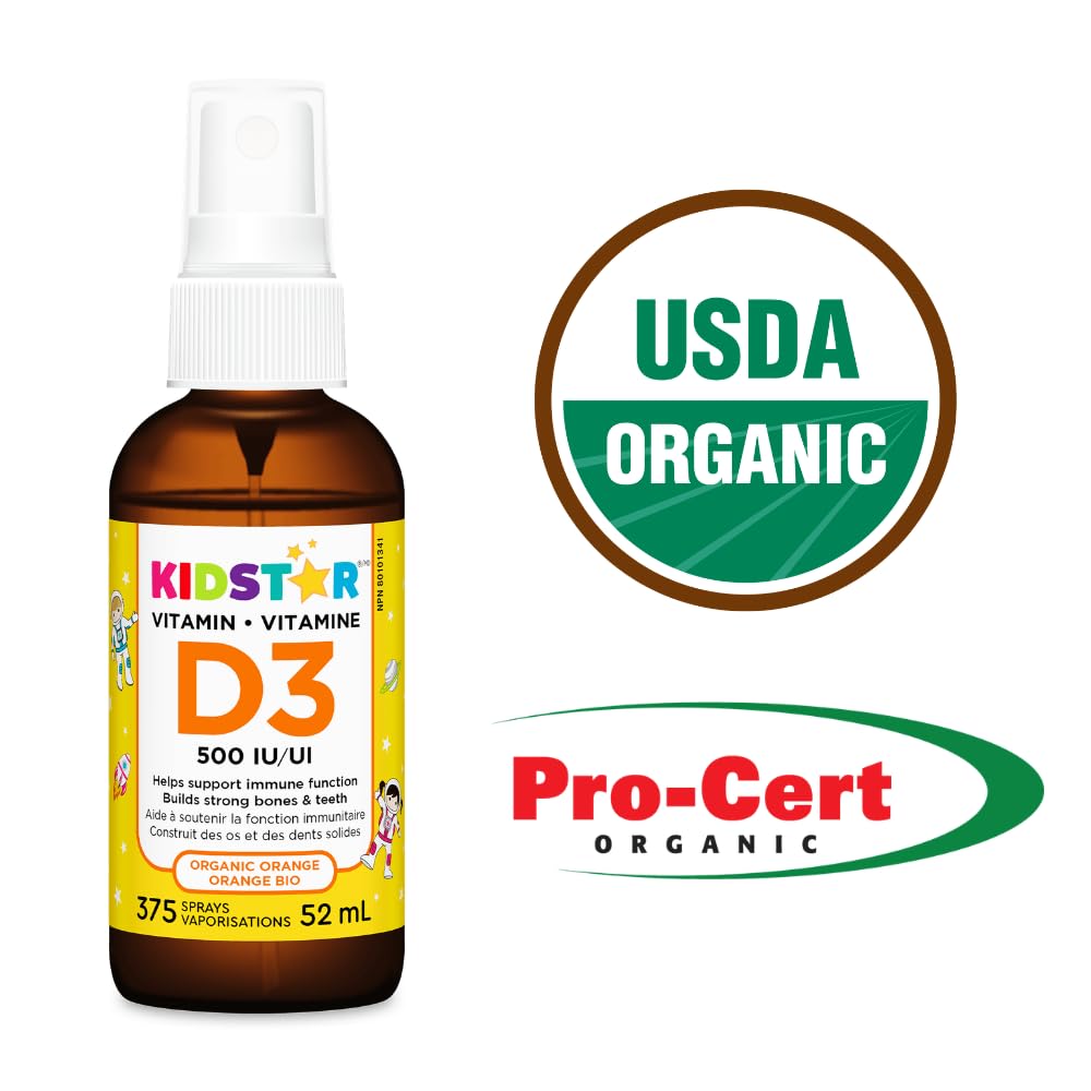 KidStar Nutrients - Vitamin D3 Spray 500 IU, 52ml Liquid 375-Servings, Organic Orange Flavour - Cholecalciferol Vitamin D3 with Calcium for Bone Health, Teeth Health & Immune System Support - No-Sugar