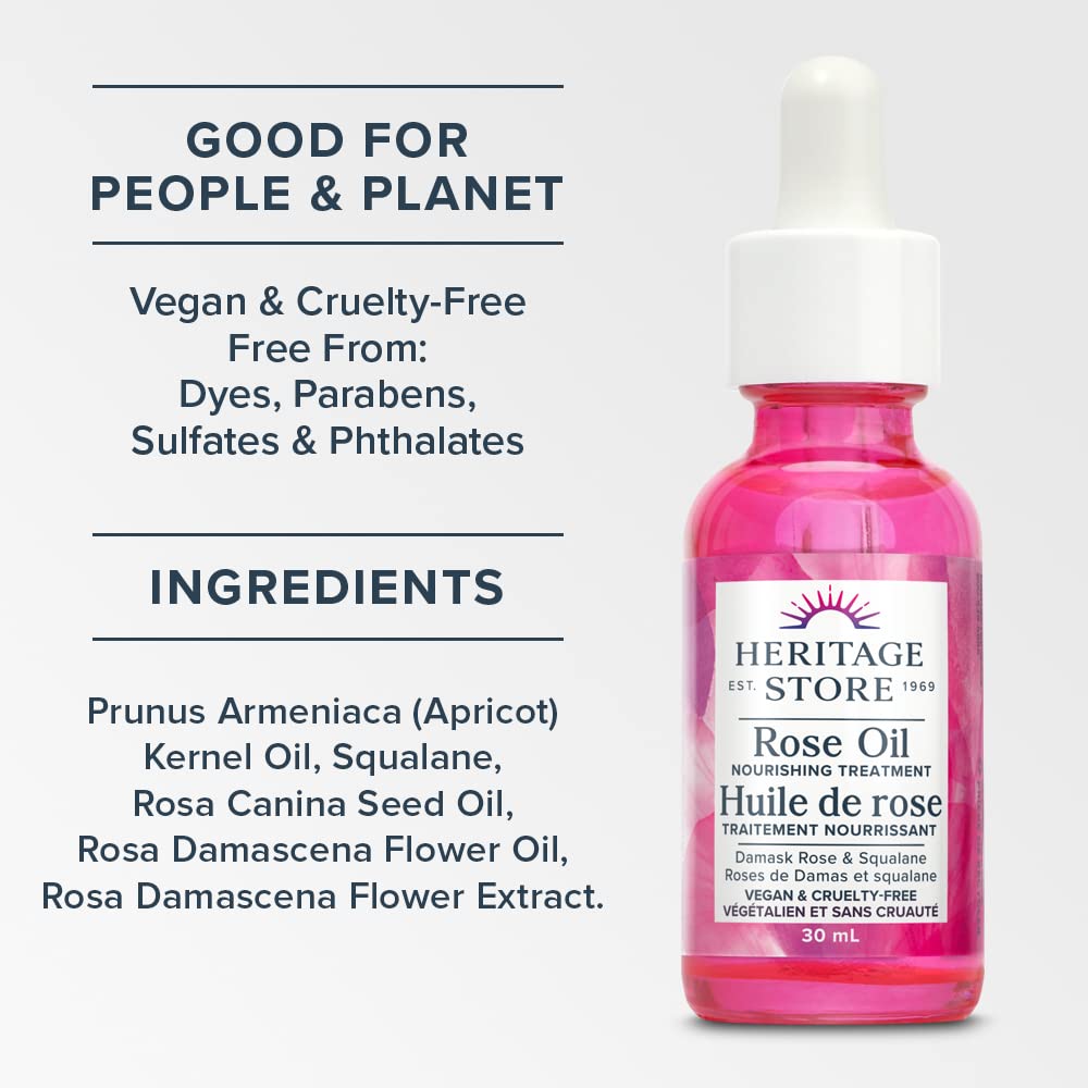 Heritage Store - Huile de rose | Soin nourrissant | Rose de Damas et Squalane | Hydratant et apaisant | Végan et sans cruauté animale | 30ml, Transparent